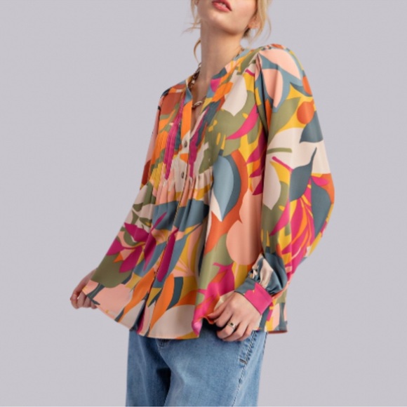 New Fabulous Boho Long Sleeve Pleated Abstract Print Sophia Twill Vibrant Blouse - Picture 6 of 8
